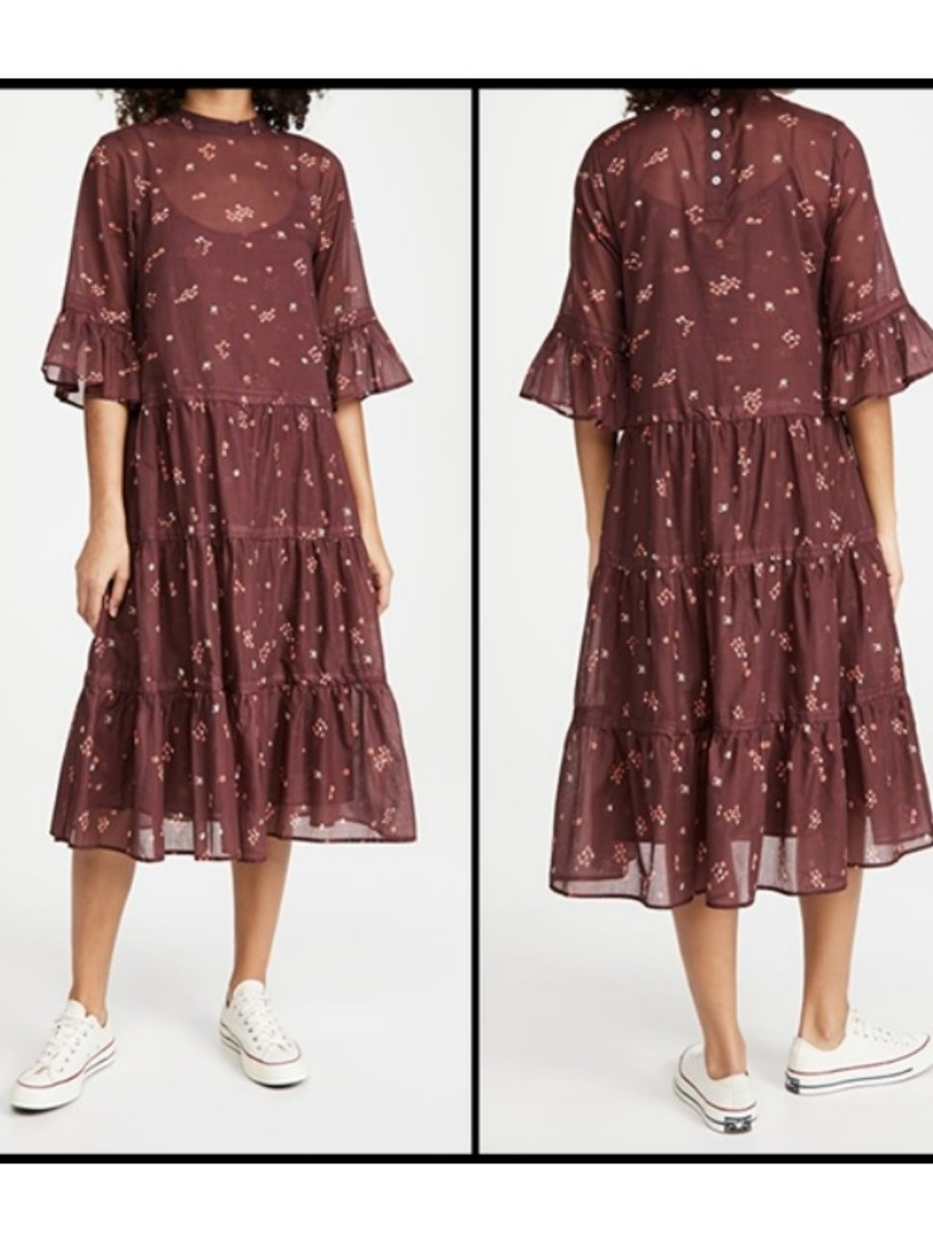 Warm Glastonbury Burgundy Floral Tiered Midi Dress With Ruffle Sleeves